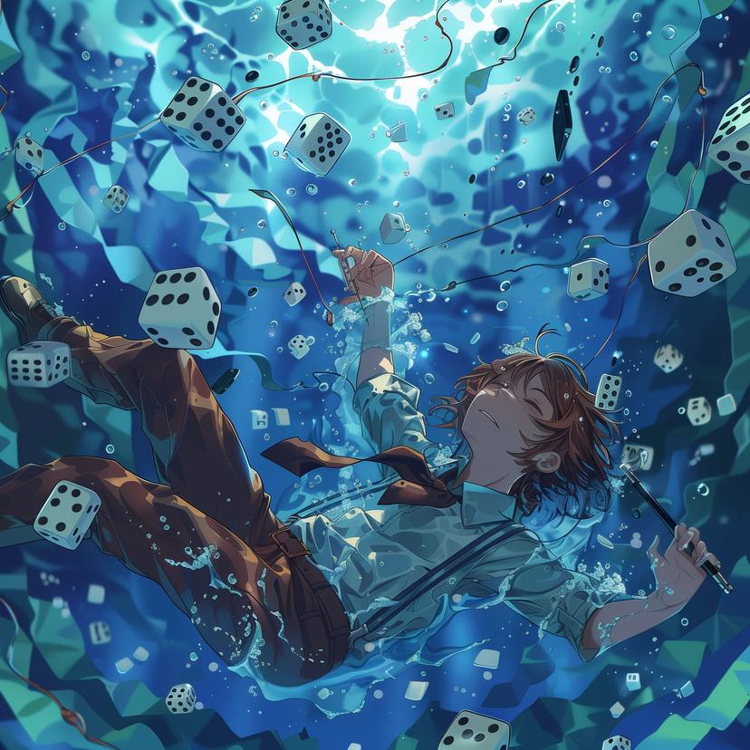 Prompt: "A composer drowning in sea of dice, anime style"