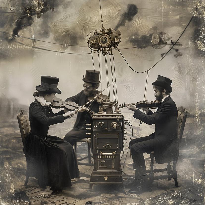 Prompt: "A string quartet playing on telegraph machines, surrealism"