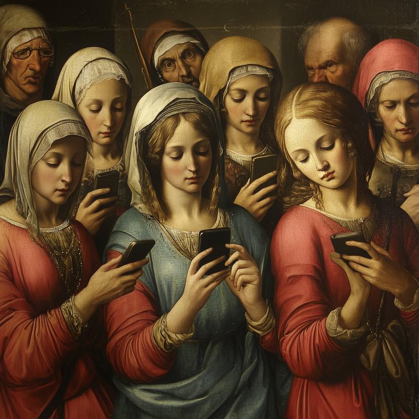 Prompt: "A Renaissance painting, but everyone is on their phone"