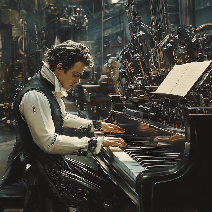 Prompt: "Beethoven working in a robot factory, Cyberpunk"