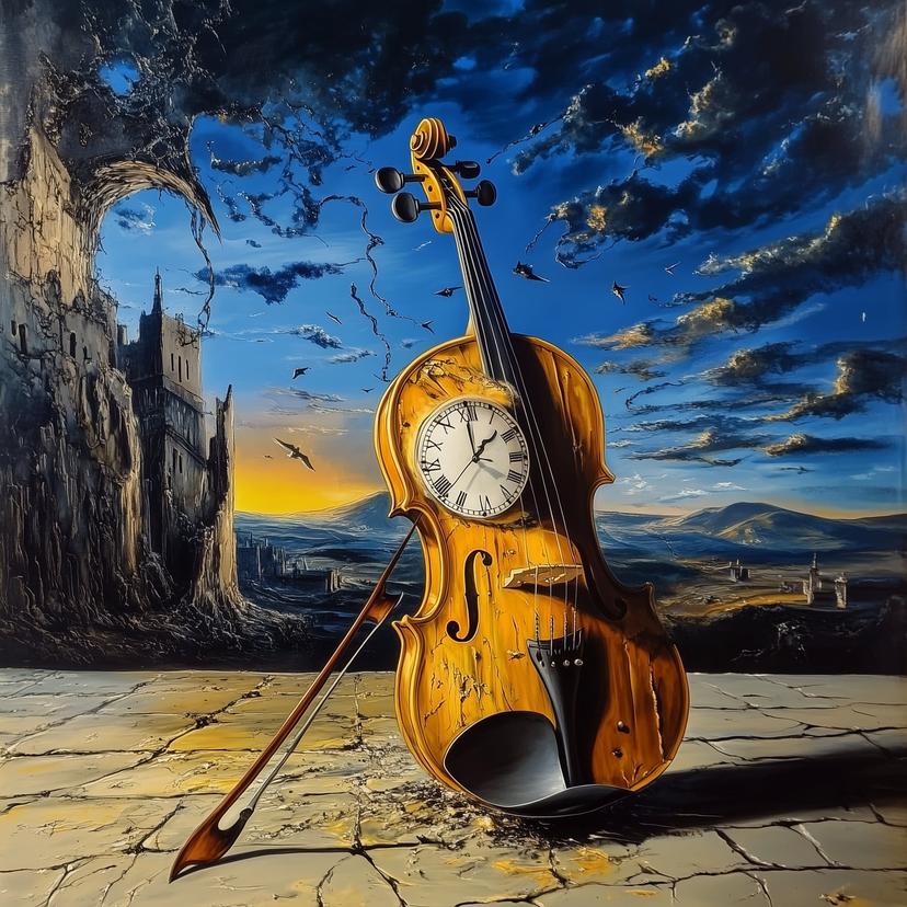 Prompt: "A clock melting away on a violin, in the style of Dali"