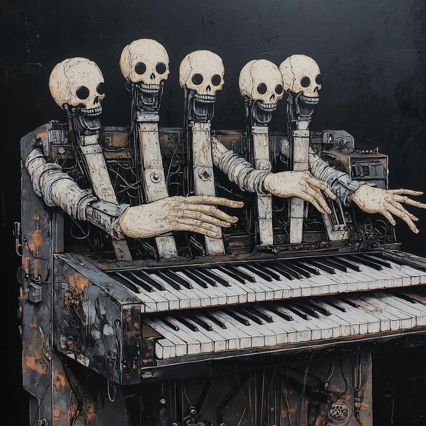 Prompt: "A machine with 7 hands and 7 heads playing the piano"