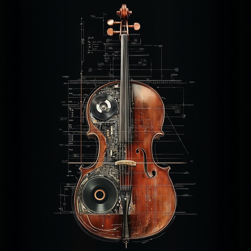 Prompt: "A cross section of a cello revealing a tape recorder, technical drawing"