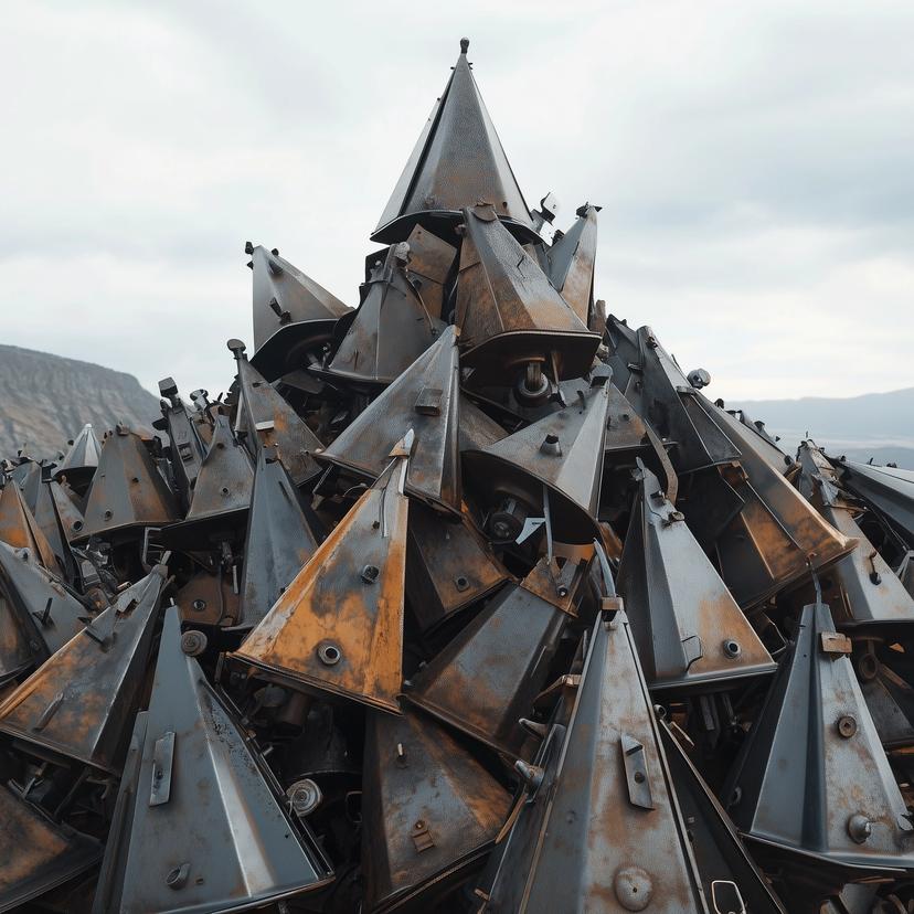 Prompt: "A mountain full of abandoned broken mechanical metronomes"